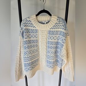 Loft Lou & Grey Fair Isle Cable Sweater LARGE Light Blue/grey & creamy white.